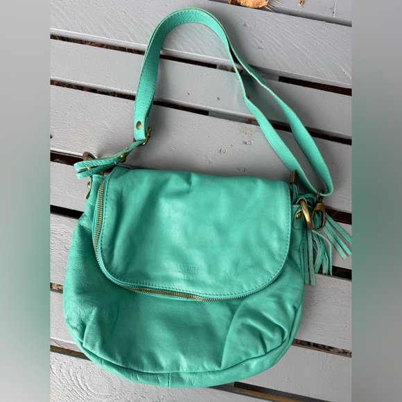 ANOKI PARIS Vintage Turquoise Italian Leather Crossbody Bag Purse Tassel Hobo - Picture 4 of 4